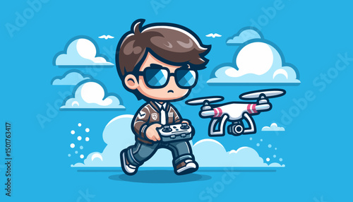 Cool chibi drone operator with controller and flying drone vector on blue background