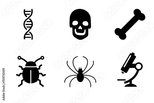 Forensic Science Icons with DNA, Skull, Bone, Insect, Spider, and Microscope Symbols