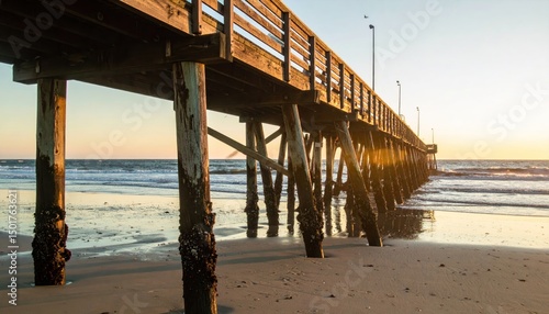 Wooden pier stretches into calm ocean, sunset hues glow on sand and water