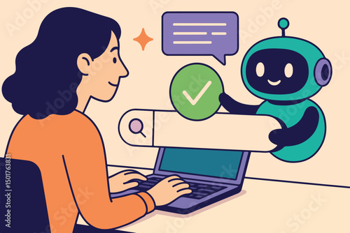 Search concept. Character using artificial intelligence generative tools for searching or browsing internet. Woman integrating with robot. SEO concept. Vector illustration