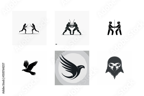 Silhouette icons set fencing birds of prey