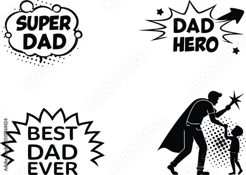 Super Dad Comic Style Typography Illustration Silhouettes. Comic Typography Illustration of Super Dad Silhouettes. Super Dad Typography in Comic Style Silhouettes. Heroic Super Dad Comic Typography
