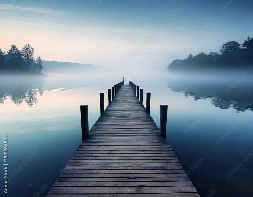 Naklejka premium Ruhiger Steg am See im Morgennebel