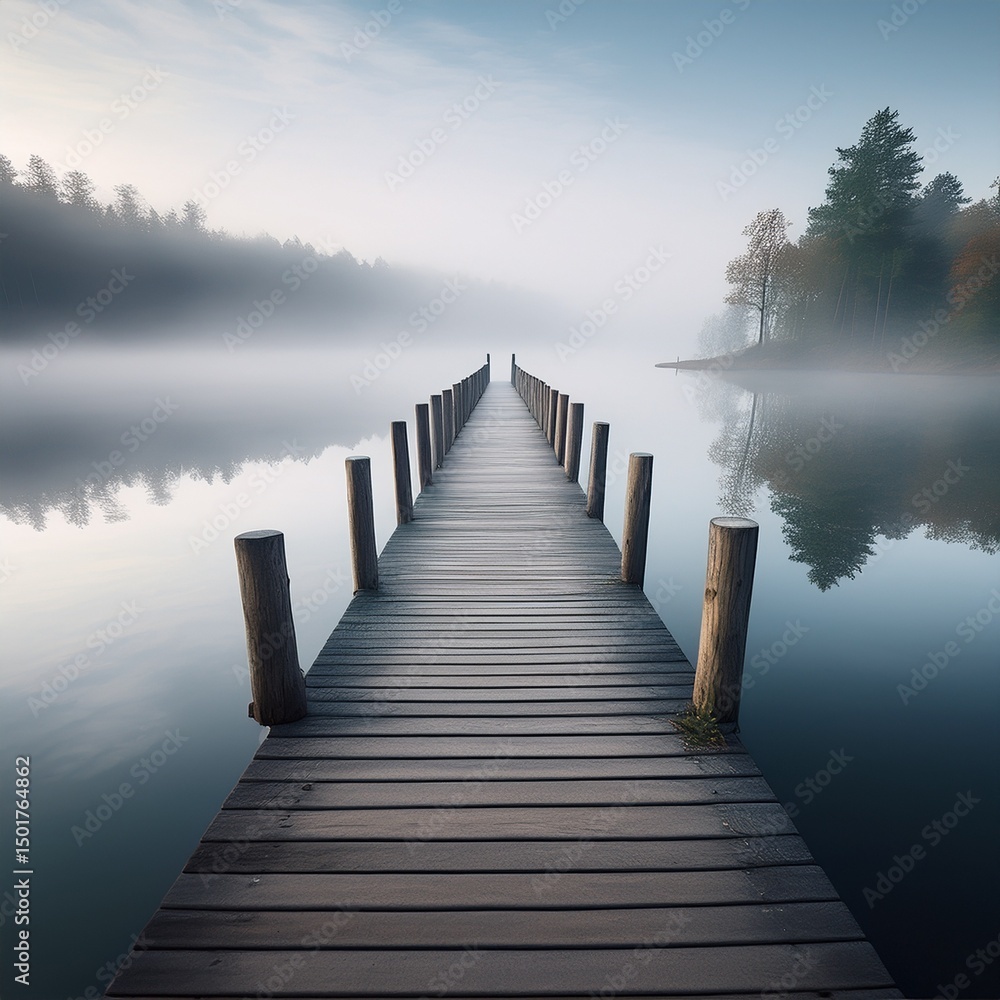 Obraz premium Ruhiger Steg am See im Morgennebel