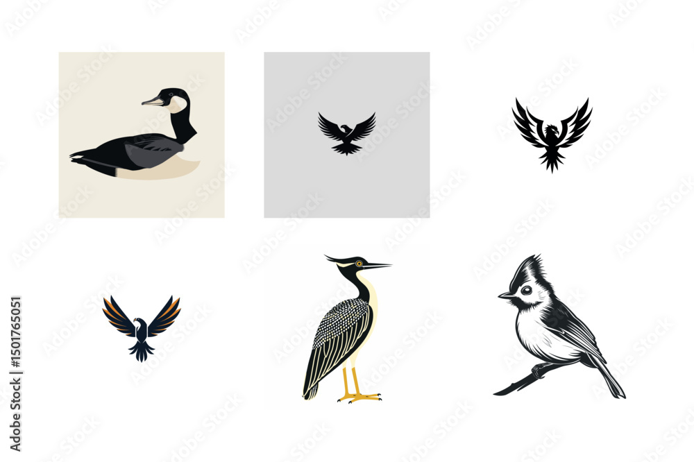 Fototapeta premium Collection of bird illustrations goose eagle heron and tit