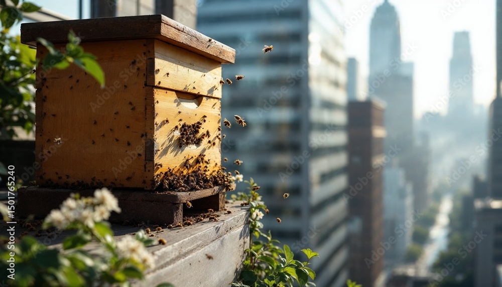 Bees flying around rooftop beehives with yellow flowers and urban skyline in soft morning light Bees flying around rooftop beehives with yellow flowers and urban skyline in soft morning light