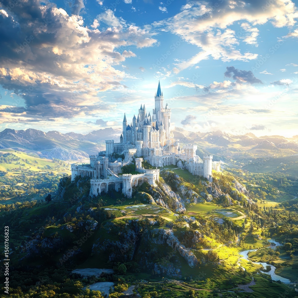 Fototapeta premium Majestic castle rising above lush hills fantasy landscape digital artwork vibrant sky serene viewpoint