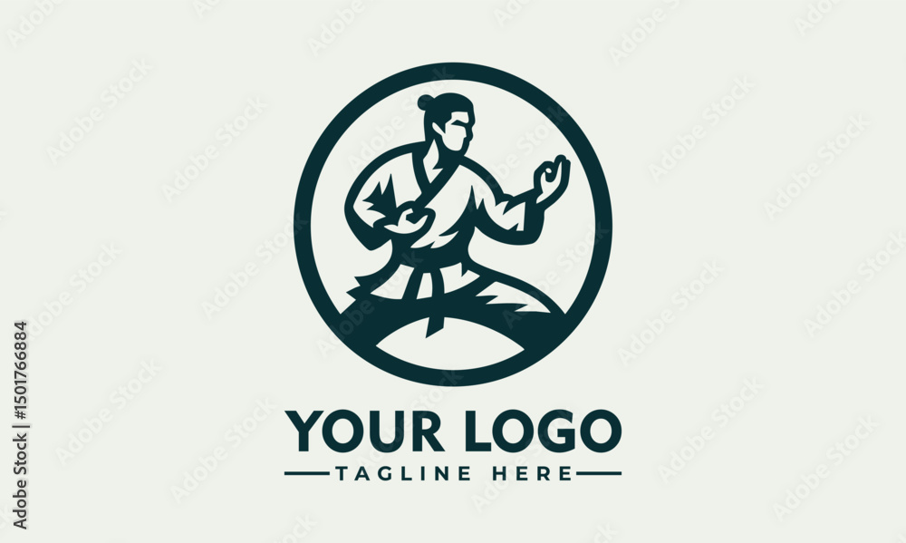Fototapeta premium Karate martial artist performing high kick in dynamic pose inside circular emblem. Sports concept 