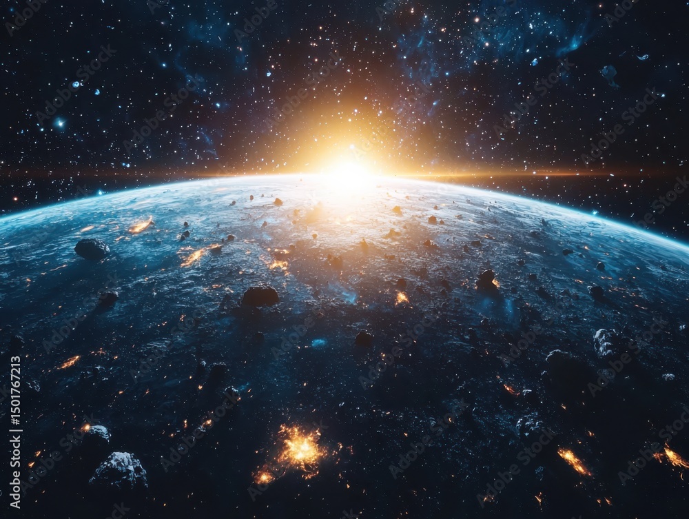 Obraz premium Dramatic cosmic explosion outer space digital art sci-fi environment aerial view intergalactic concept