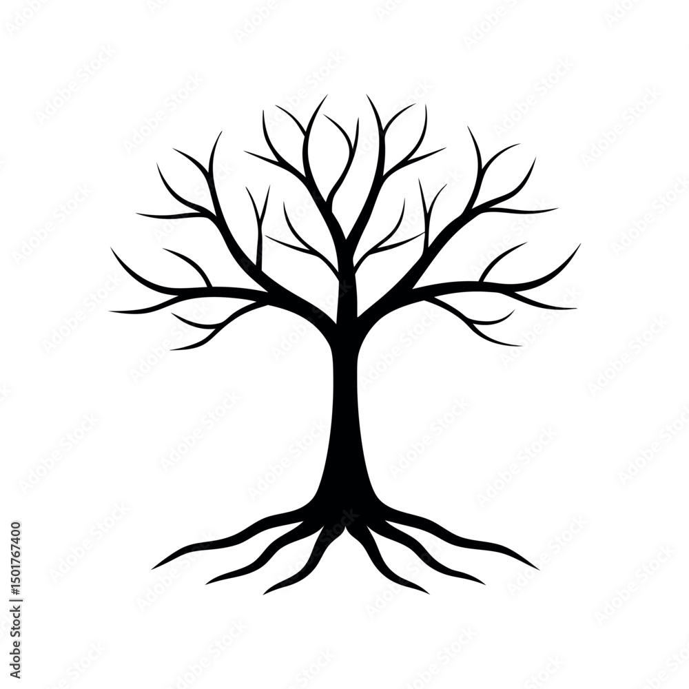 Fototapeta premium Vector art of Silhouette of a bare tree with roots isolated on white background