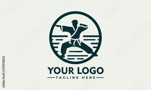 Karate martial artist performing high kick in dynamic pose inside circular emblem. Sports concept

