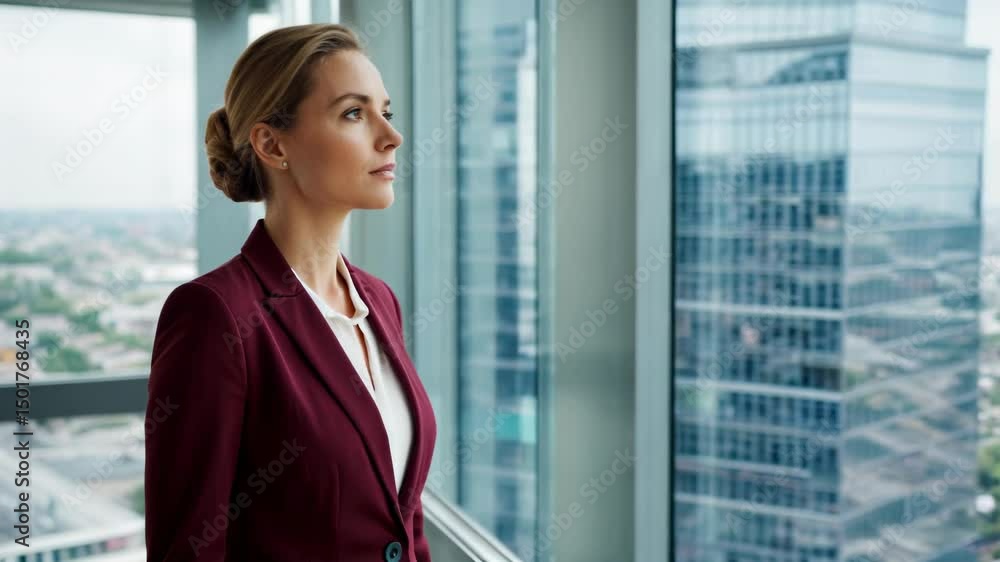 Pensive business woman standing by large window in office building strategy Pensive business woman standing by large window in office building strategy