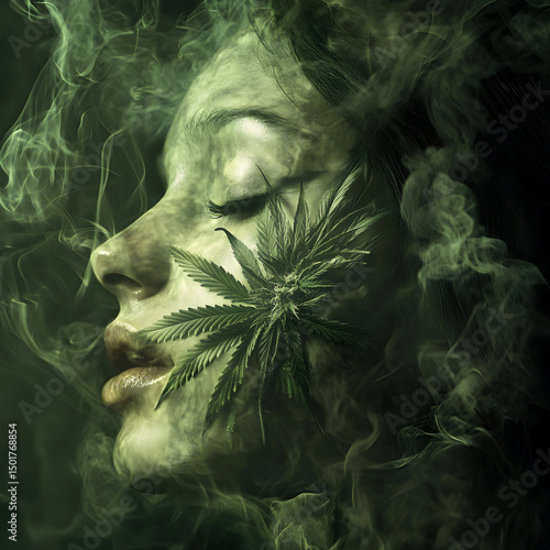 close-up portrait of a woman’s face in a green tone with a marijuana weed leaf on her cheek and smoke circling her head