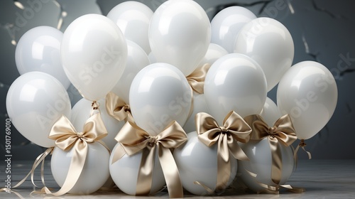 Wallpaper Mural **Set of glossy white balloons tied with crystal-clear strings, hovering just above a marble surface with soft ambient shadows Torontodigital.ca