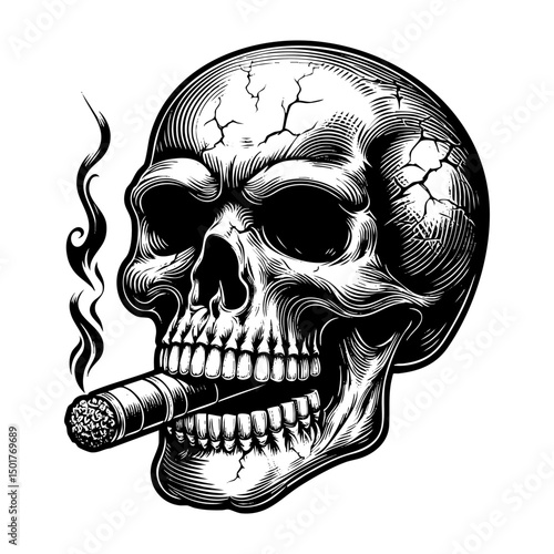 skull smoking cigar sketch engraving black and white outline. Scratch board imitation.
