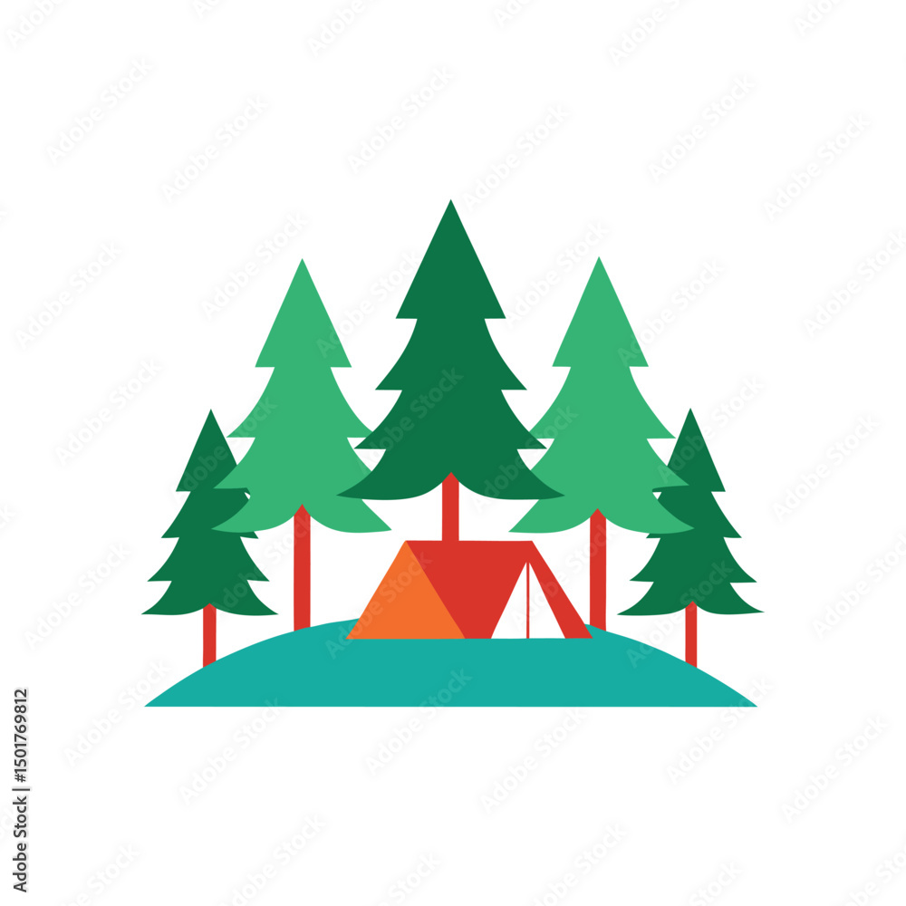 Obraz premium Camping tent in the forest with tall green trees illustration