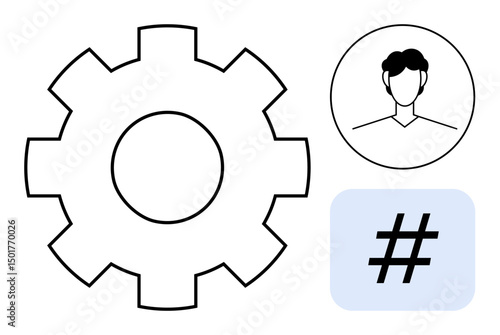 Gear for settings, user profile icon, and metadata tag in simple graphic style. Ideal for technology, social media, marketing, team management, website interface, data organization simple landing