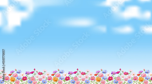 コスモス畑と青空のある秋の風景_2