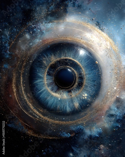Human Eye Close-Up View with Universe Galaxy Cosmic Dust and Golden Particles Abstract Art Style