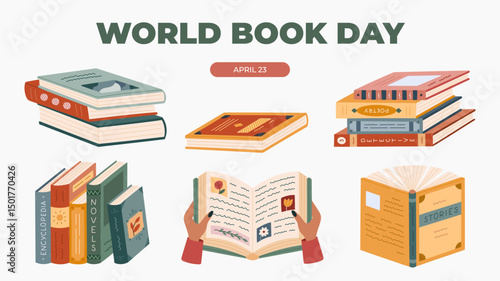Colourful horizontal banner for World Book Day with different cartoon books in hands, pile. Playful holiday poster with detective, love story, encyclopedia for social media, website background.