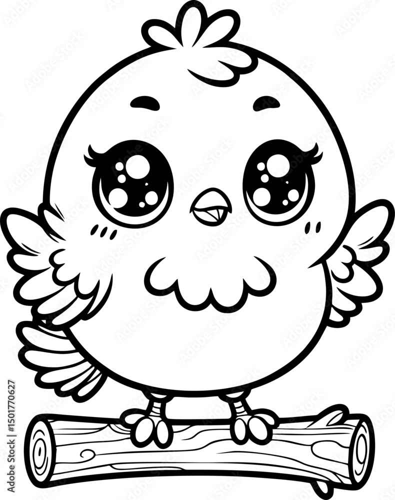 Obraz premium Adorable Cartoon Bird Coloring Page kawaii_bird_on_branch_coloring_page