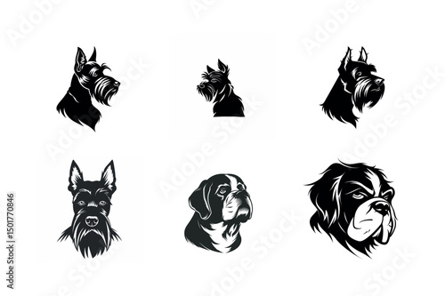 Six dog breed head silhouettes black and white
