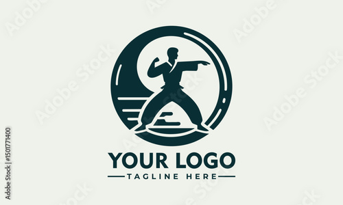 Karate martial artist performing high kick in dynamic pose inside circular emblem. Sports concept
