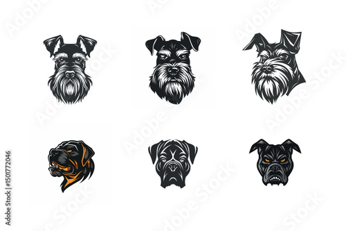 Six dog breed head illustrations miniature schnauzer and boxer