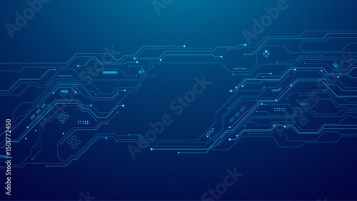 Abstract futuristic dark blue background with wires and circuit board elements. AI semiconductor. Concept of innovation in digital technologies. Ideal for use in presentation background. Vector. 