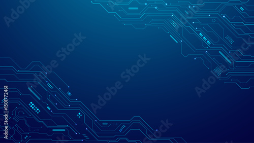 Abstract blue tech background with digital wires and circuit board elements. Futuristic AI chip integrated into a high-tech circuit design. Ideal for web banners and presentation backgrounds.