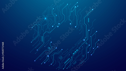 Abstract Circle circuit board with semiconductors and elements on a technology blue background. Digital futuristic electronics bg. Tech AI concept. Vector background for web banners and presentations.