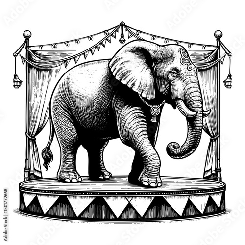 Elephant standing on circus stage engraving black and white outline. Scratch board imitation. illustrated in vintage line art style on a white background.