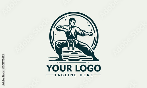 Karate martial artist performing high kick in dynamic pose inside circular emblem. Sports concept
