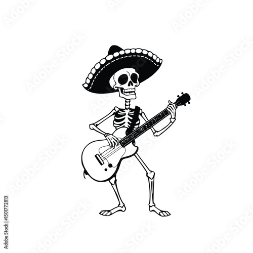 Skeleton Musician with Sombrero Silhouette vector on white background

 