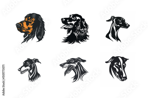 Six dog breed head illustrations black and white
