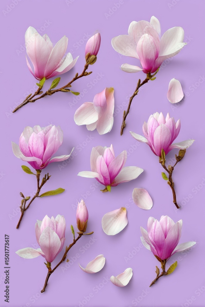 Obraz premium Overhead Flat Lay of Pink Magnolia Flowers and Petals on a Light Purple Background for Springtime Beauty