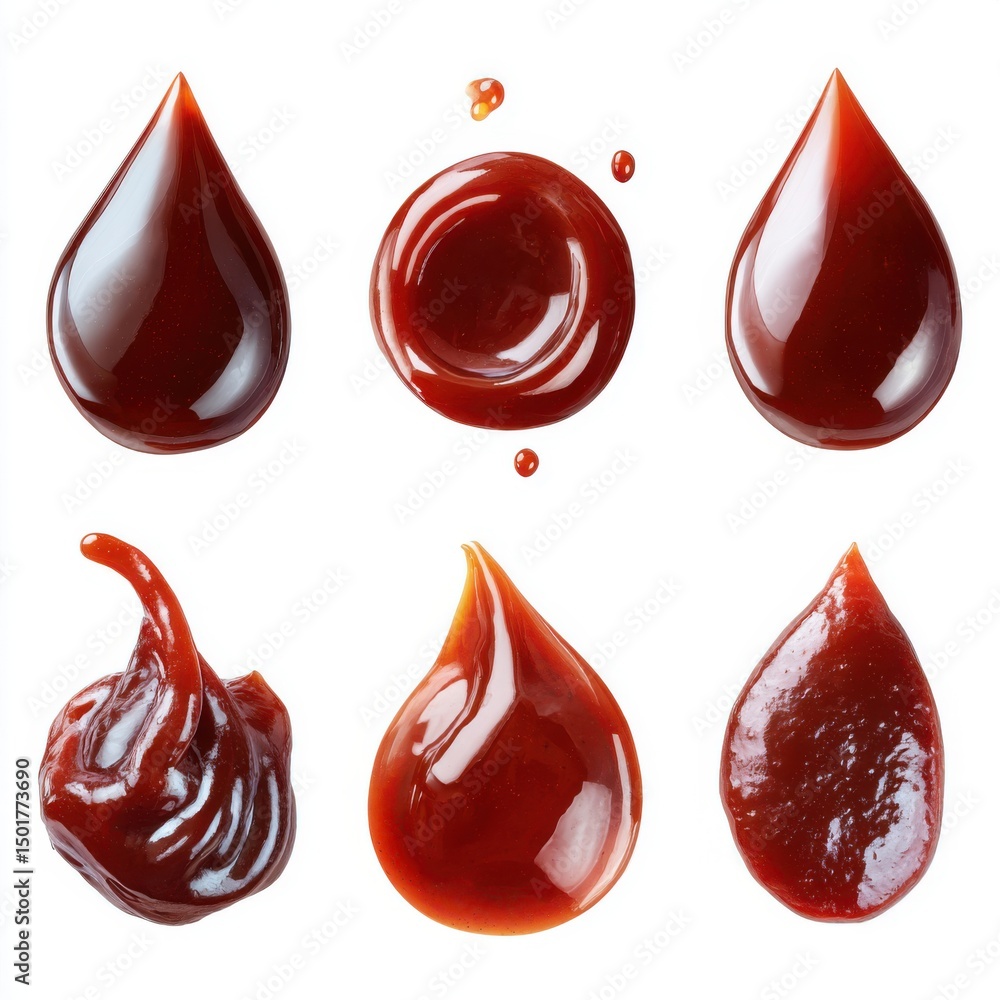 Obraz premium Ketchup drops on white background studio shot close-up of various shapes and textures condiment for food photography