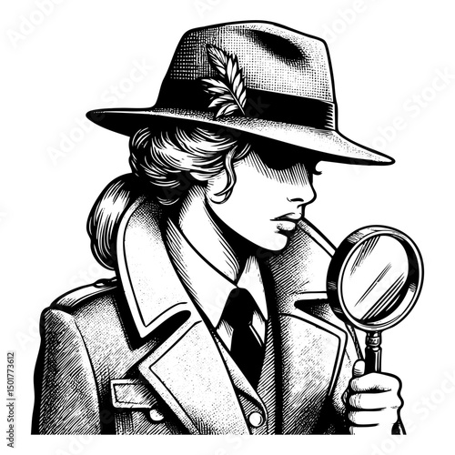 Woman detective hold magnifying glass sketch engraving black and white outline. Scratch board imitation.  illustrated in vintage line art style on a white background.