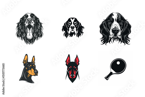 Collection of dog breed head illustrations and ping pong paddle