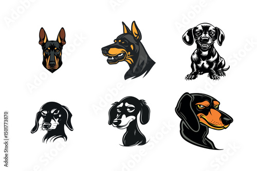 Six dog breed portraits doberman pinscher and dachshund