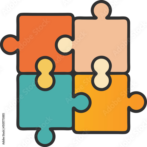 Colorful four piece puzzle illustration representing teamwork cooperation problem solving and connection