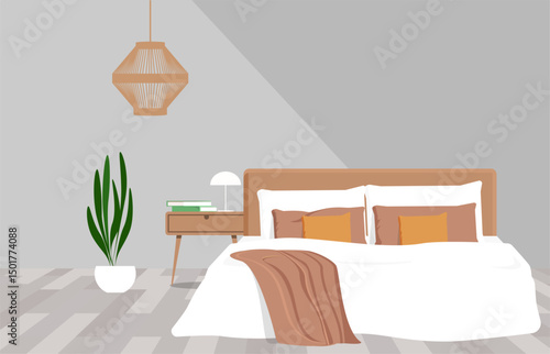 Modern bedroom interior. Room in the hotel. Vector illustration.