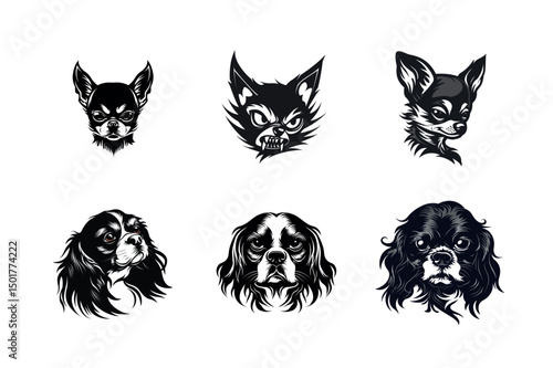 Six dog and cat heads black and white illustrations