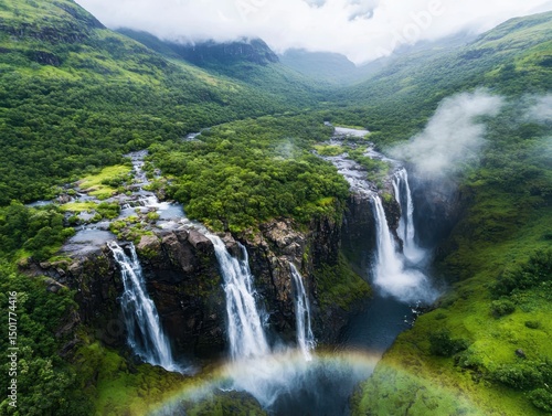 Majestic waterfall flowing through lush green valley nature photography aerial view serene environment