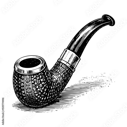 Pipe for smoking engraving black and white outline. Scratch board imitation.