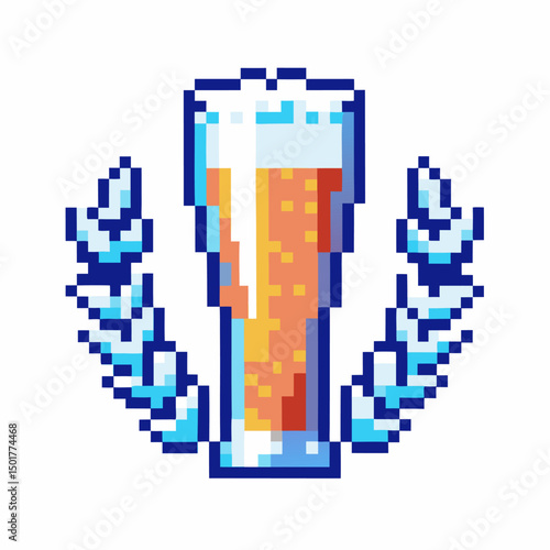 pixel art beer glass with frothy top and wheat sprigs retro gaming drink, craft brew concept
