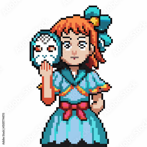 Pixel art girl holding mask, anime character retro 8 bit design, blue dress, red hair, playful cosplay
