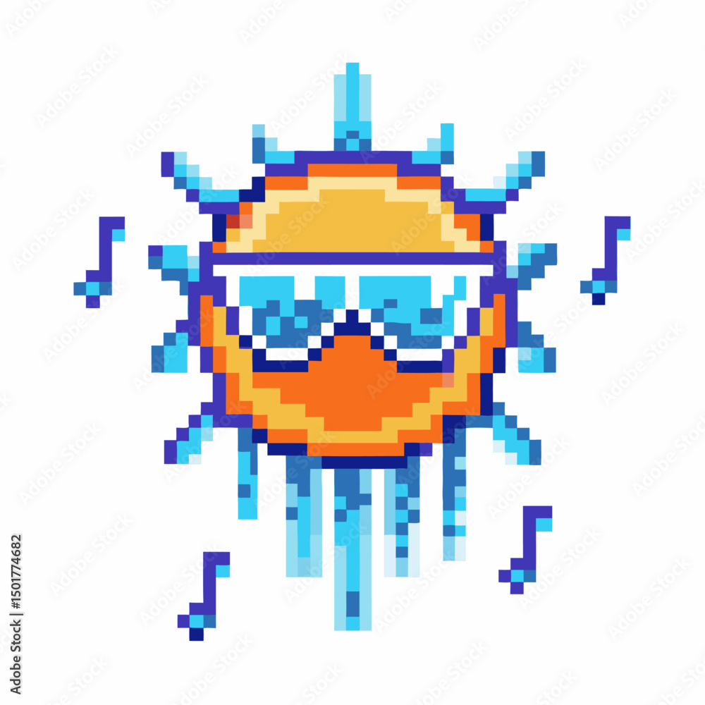Obraz premium cool pixel art sun wearing sunglasses with musical notes retro digital artwork, summer vibes
