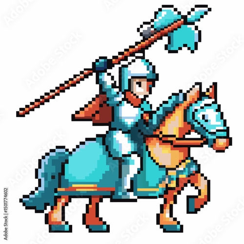 Pixel art knight on gallant horse, medieval adventure retro gaming vintage fun