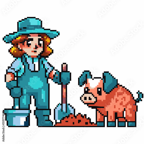 pixel farmer and pig retro farming scene with tools and companion animal in overalls